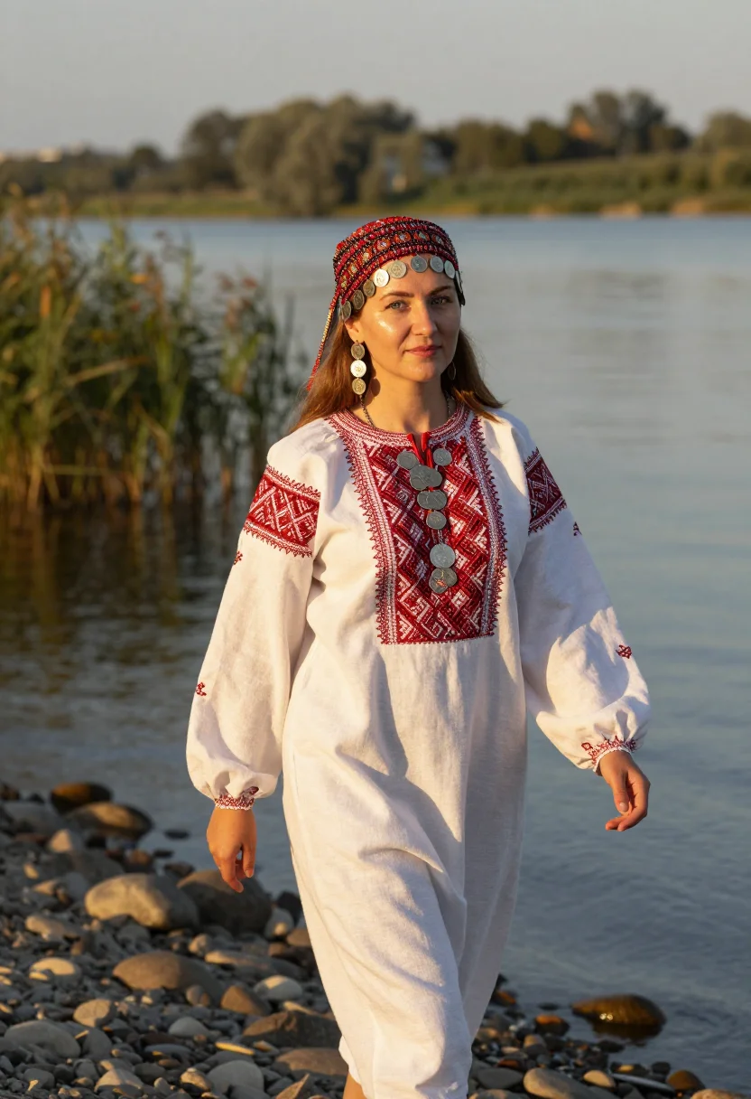 AI chuvash khushpu sample — three-quarter-length portrait walking the Volga riverbank at