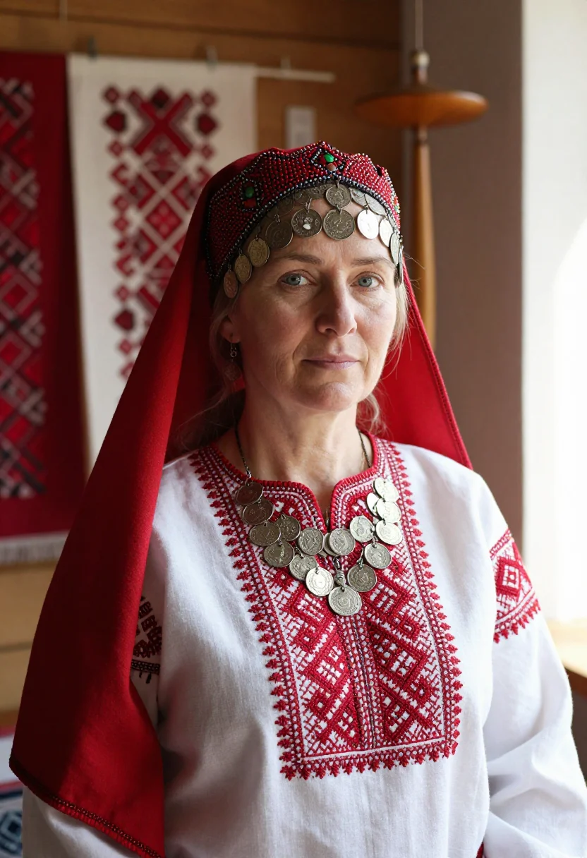 AI chuvash khushpu sample — bust-length portrait in a Chuvash embroidered interior, a wo
