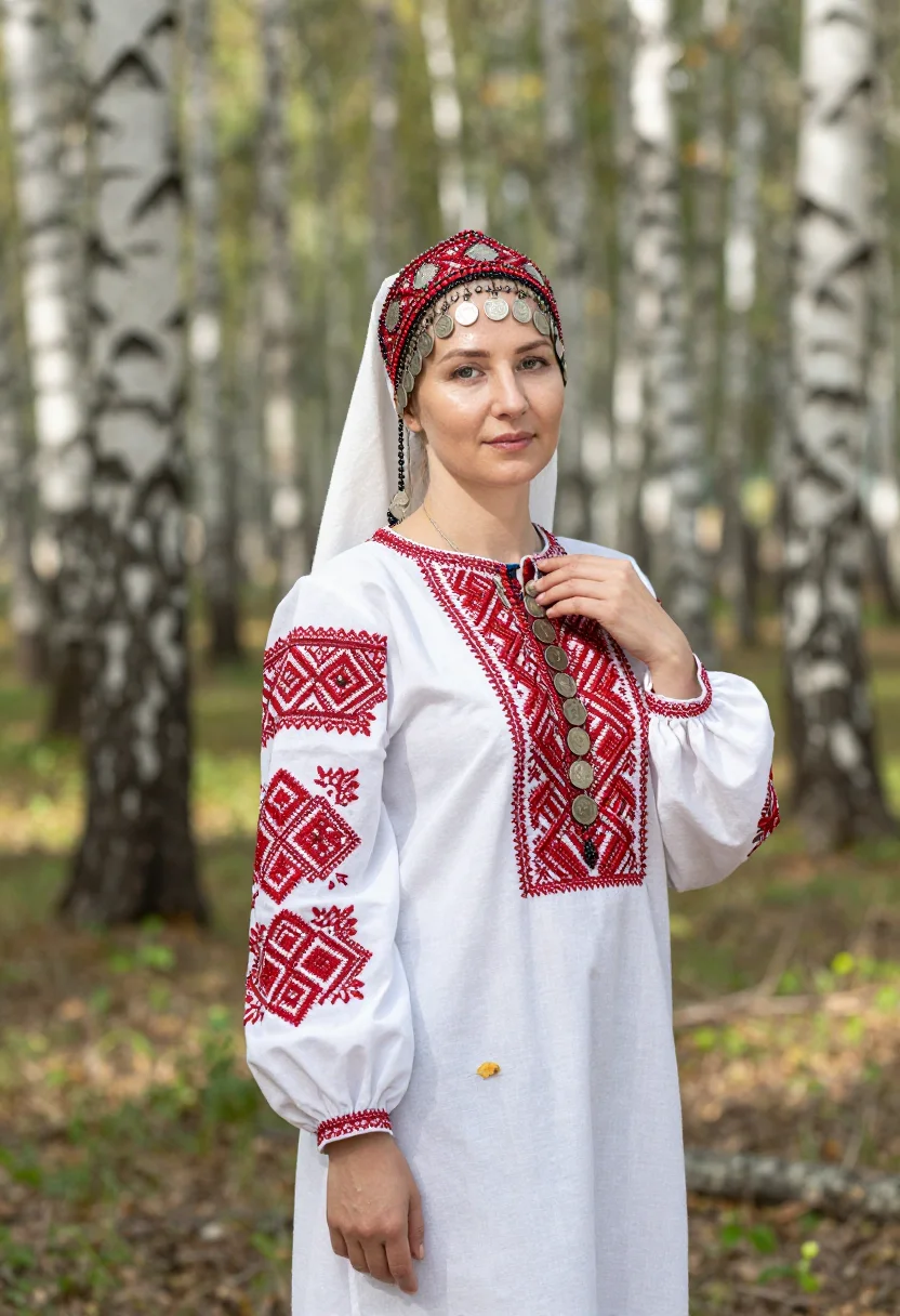 AI chuvash khushpu sample — three-quarter-length portrait in a sunlit birch grove, a Chu