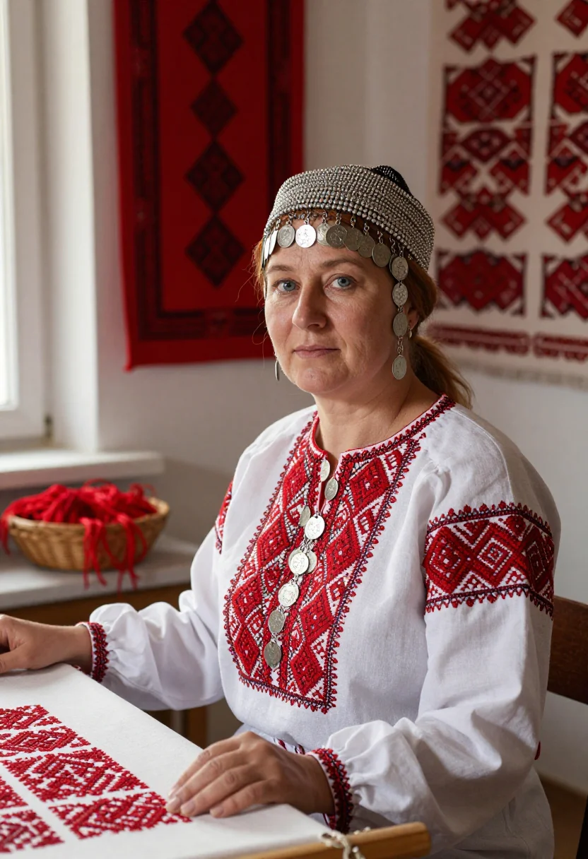 AI chuvash khushpu sample — half-length portrait in a Chuvash embroidered interior, a wo