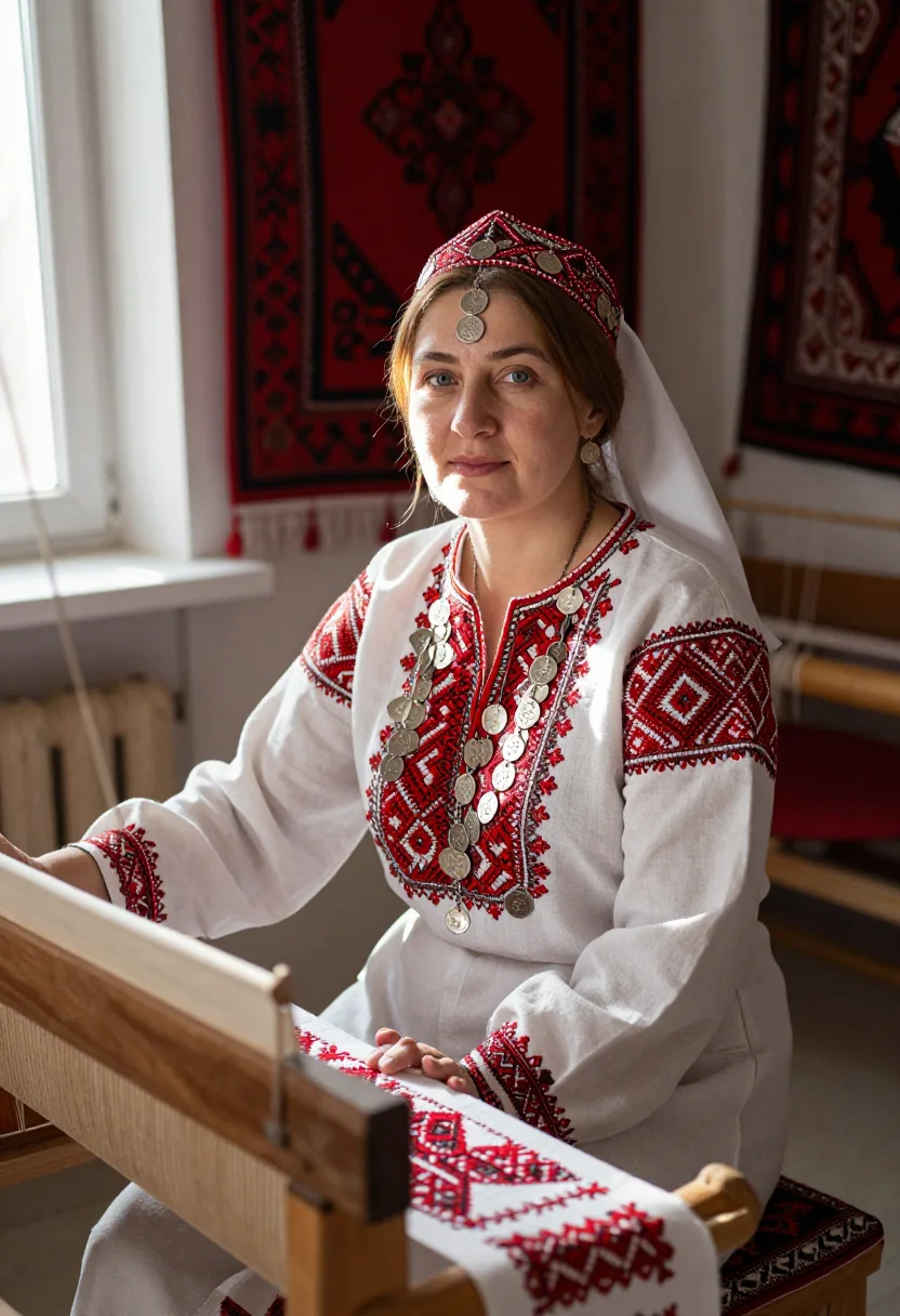 AI chuvash khushpu sample — three-quarter-length portrait seated at a wooden loom in a C