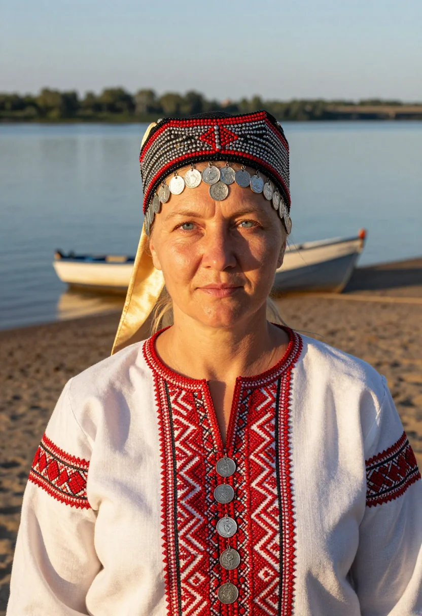 AI chuvash khushpu sample — bust-length portrait on the banks of the Volga at golden hou