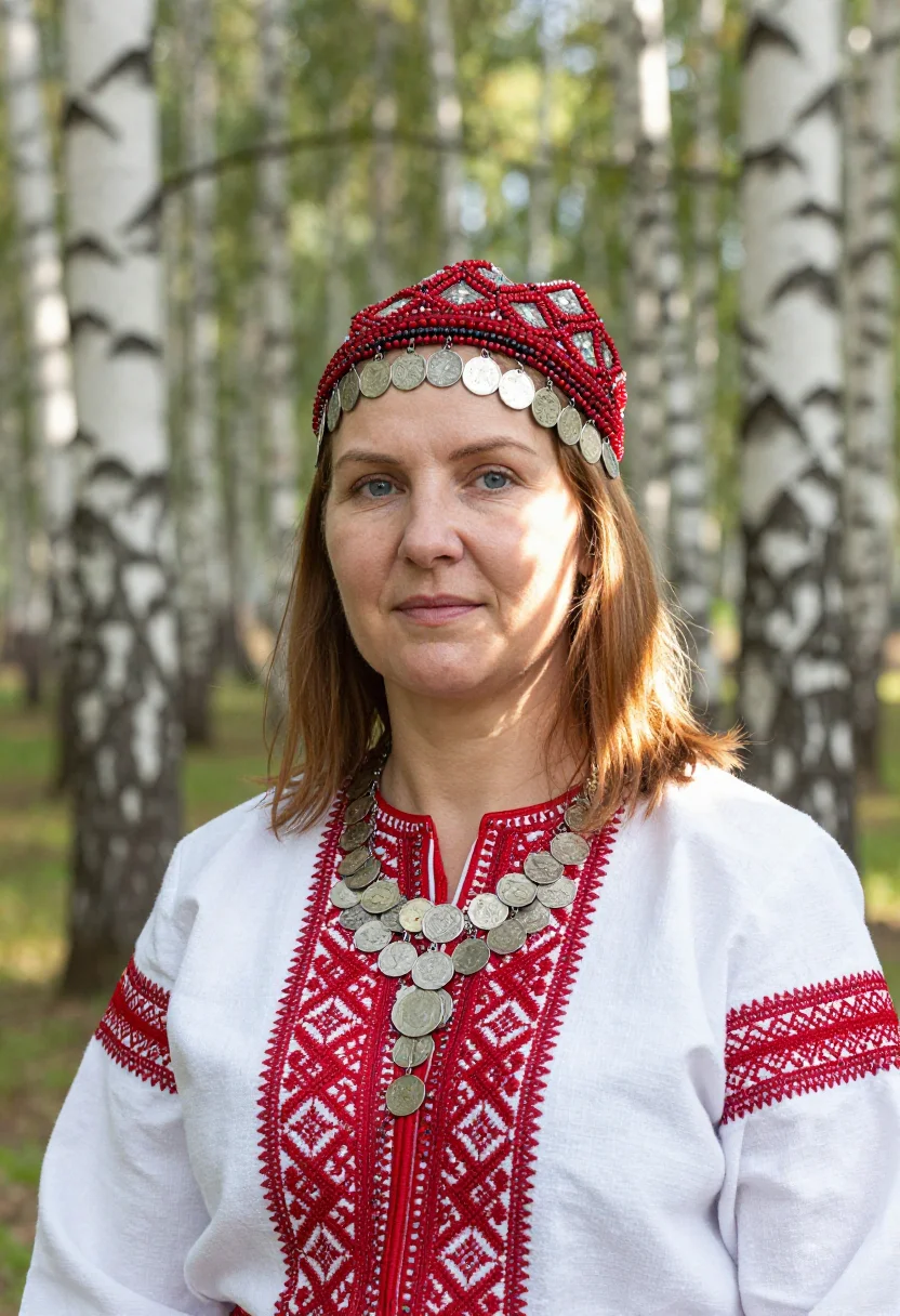 AI chuvash khushpu sample — bust-length portrait in a sunlit birch grove, a Chuvash woma