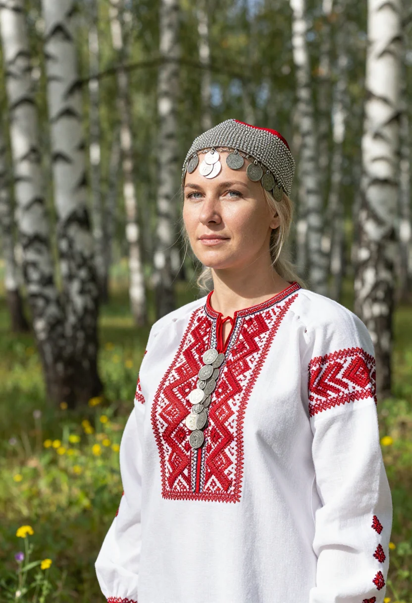 AI chuvash khushpu sample — candid half-length portrait in a sunlit birch grove, a Chuva