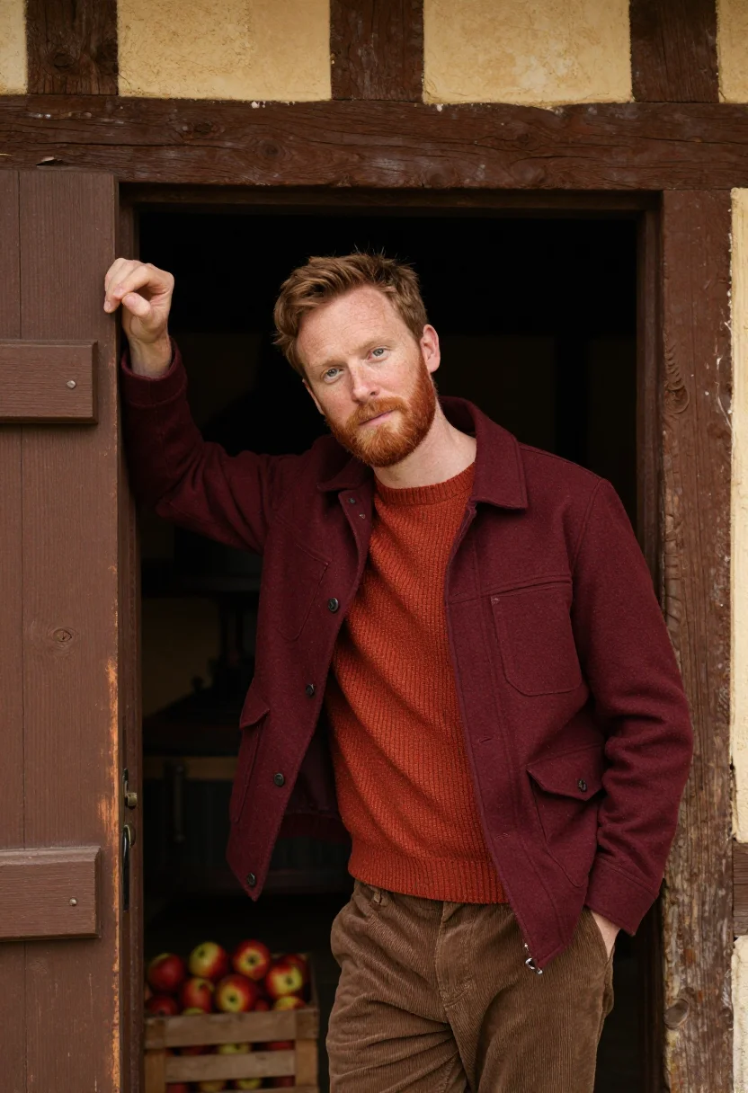 AI cider press normandy russet sample — portrait of a man, framed half-length from the hips up, the