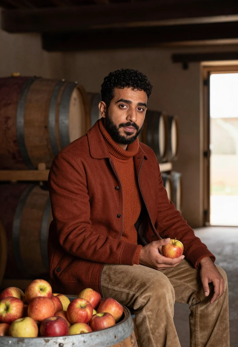 AI cider press normandy russet sample — portrait of a man, framed half-length from the lap up, the c