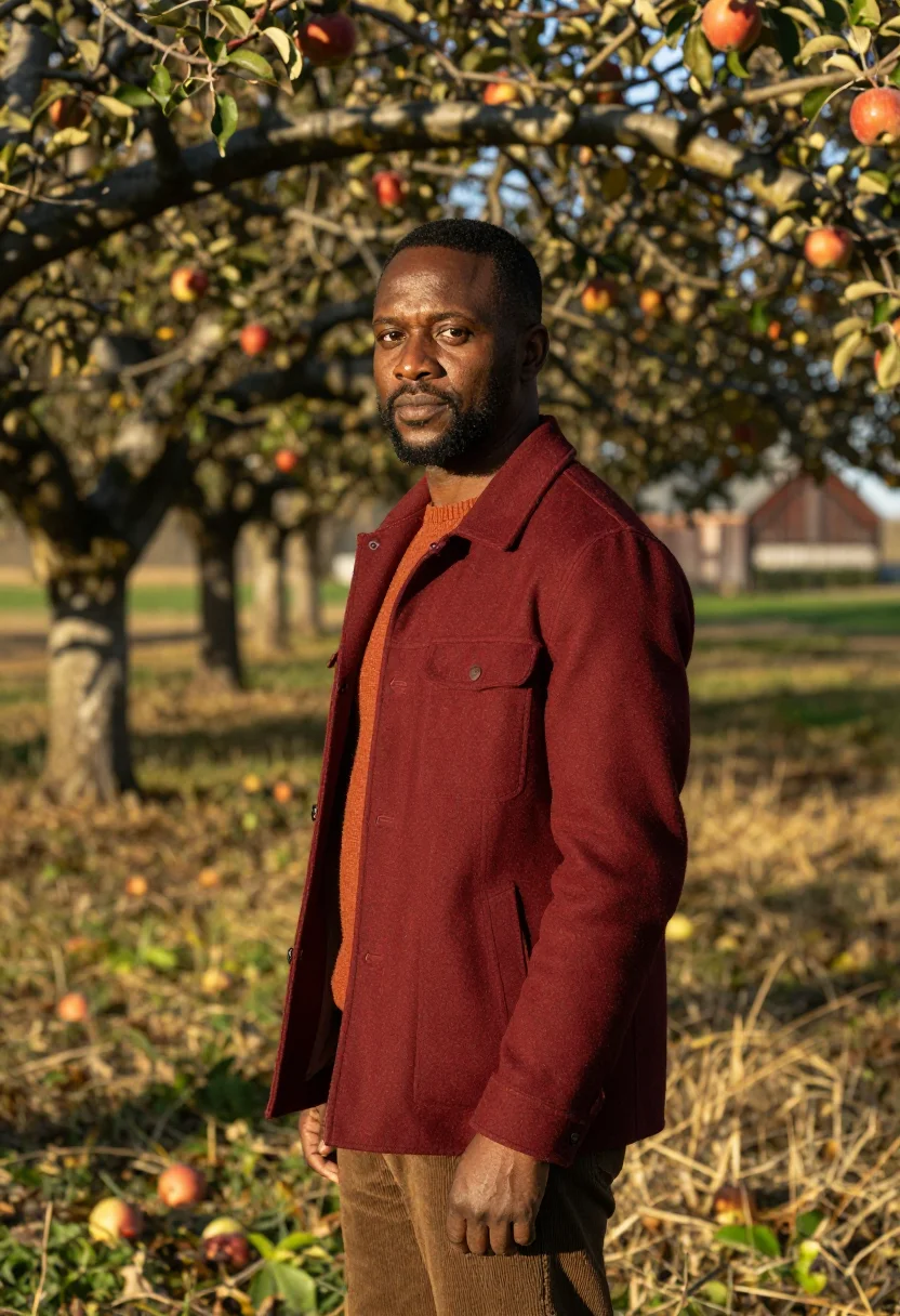 AI cider press normandy russet sample — portrait of a man, framed chest-up from the ribs, the body c