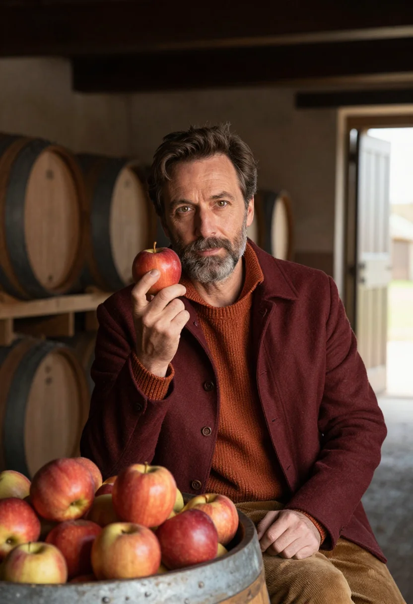 AI cider press normandy russet sample — portrait of a man, framed chest-up from the ribs, the body c
