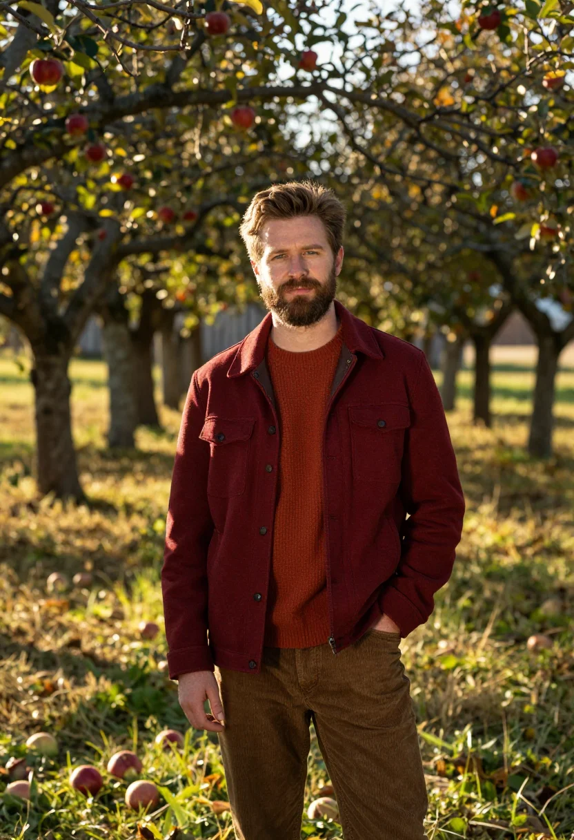 AI cider press normandy russet sample — portrait of a man, framed half-length from the hips up, the