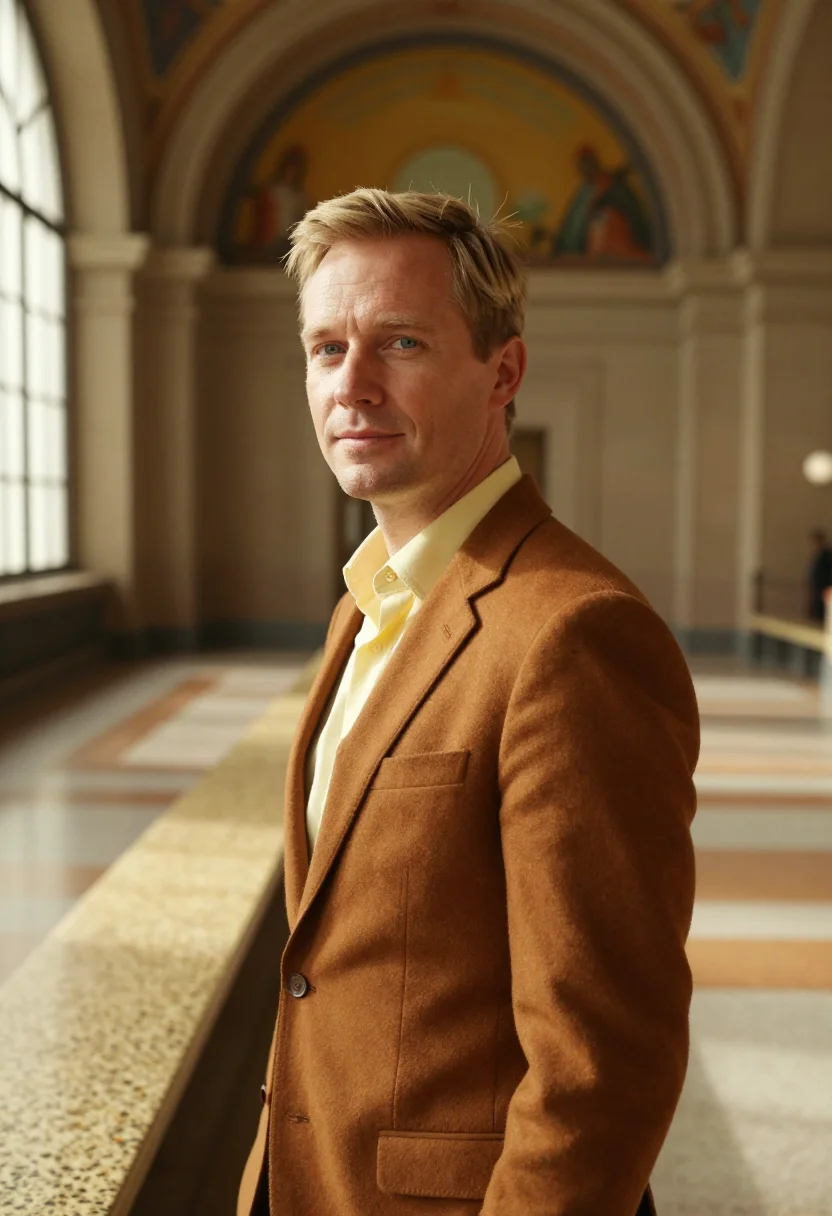AI cincinnati union terminal executive marigold sample — portrait of a man, framed tight, head and shoulders, the bod