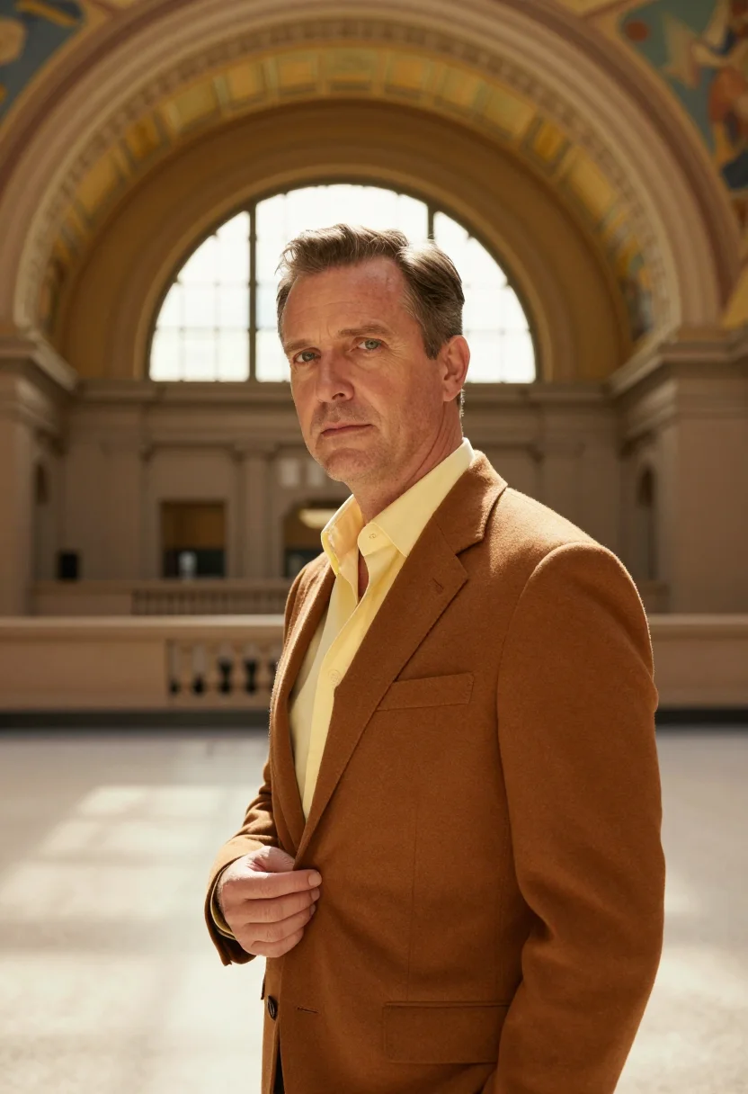 AI cincinnati union terminal executive marigold sample — portrait of a man, framed chest-up, cropped at the ribs, the