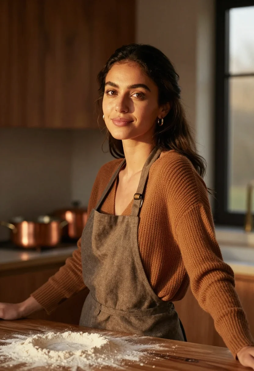 AI cinnamon kitchen brown sample — portrait of a woman, chest-up portrait of a woman in her ear