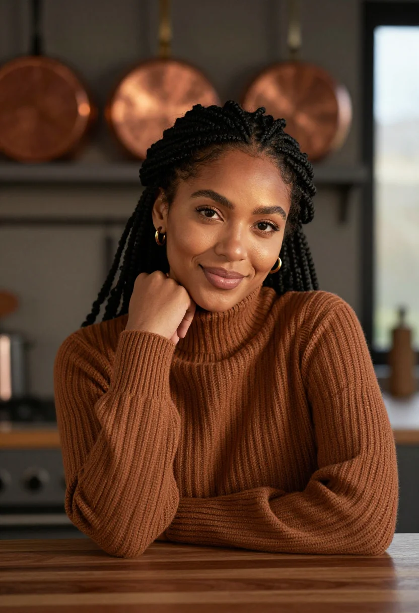 AI cinnamon kitchen brown sample — portrait of a woman, tight head-and-shoulders portrait of a
