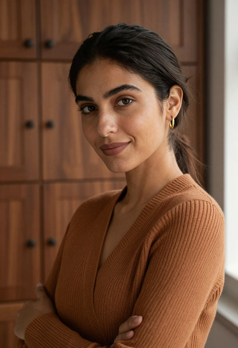 AI cinnamon kitchen brown sample — portrait of a woman, tight headshot of a woman in her late t
