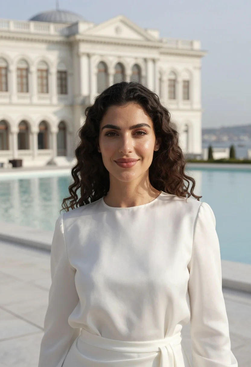AI ciragan palace bosphorus ottoman white sample — portrait of a woman, a Greek guest in her mid-twenties with