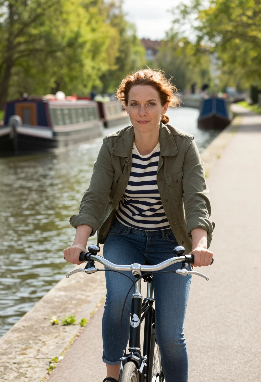 AI city bike sample — portrait of a woman, portrait from the waist up of a Western