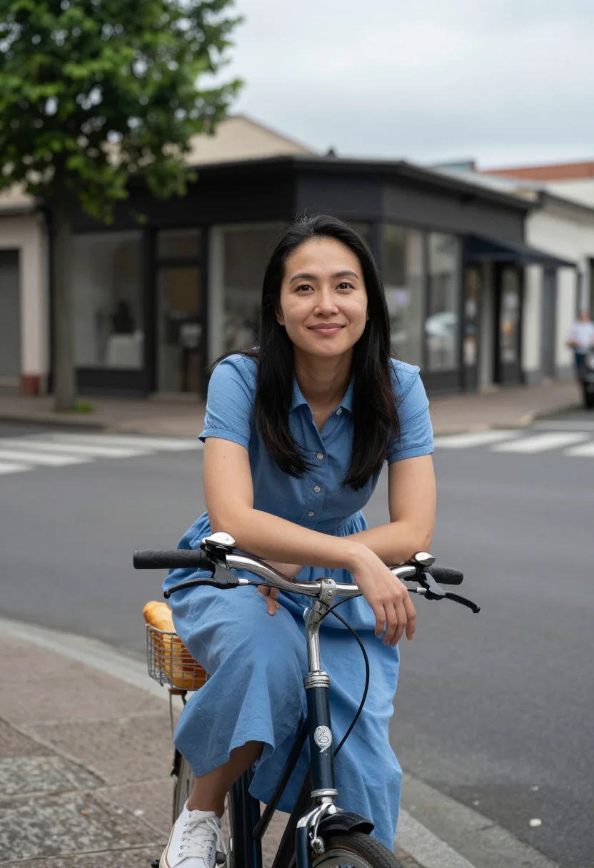 AI city bike sample — portrait of a woman, close half-length portrait of an East-A