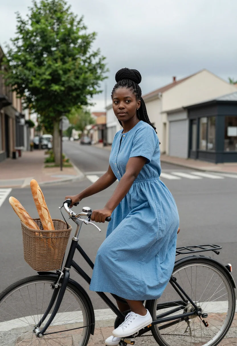 AI city bike sample — portrait of a woman, head-to-knee portrait of a Black woman