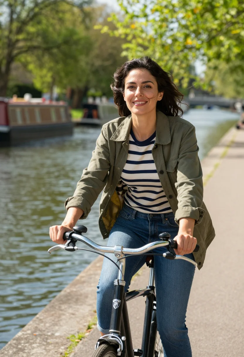 AI city bike sample — portrait of a woman, close half-length portrait of a Mediter