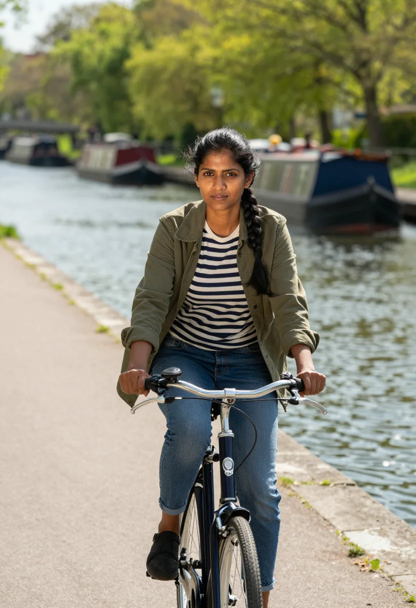 AI city bike sample — portrait of a woman, head-to-knee portrait of a South-Asian