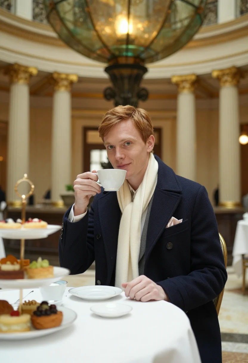 AI claridges sample — portrait of a man, in his late thirties, with pale skin, gre