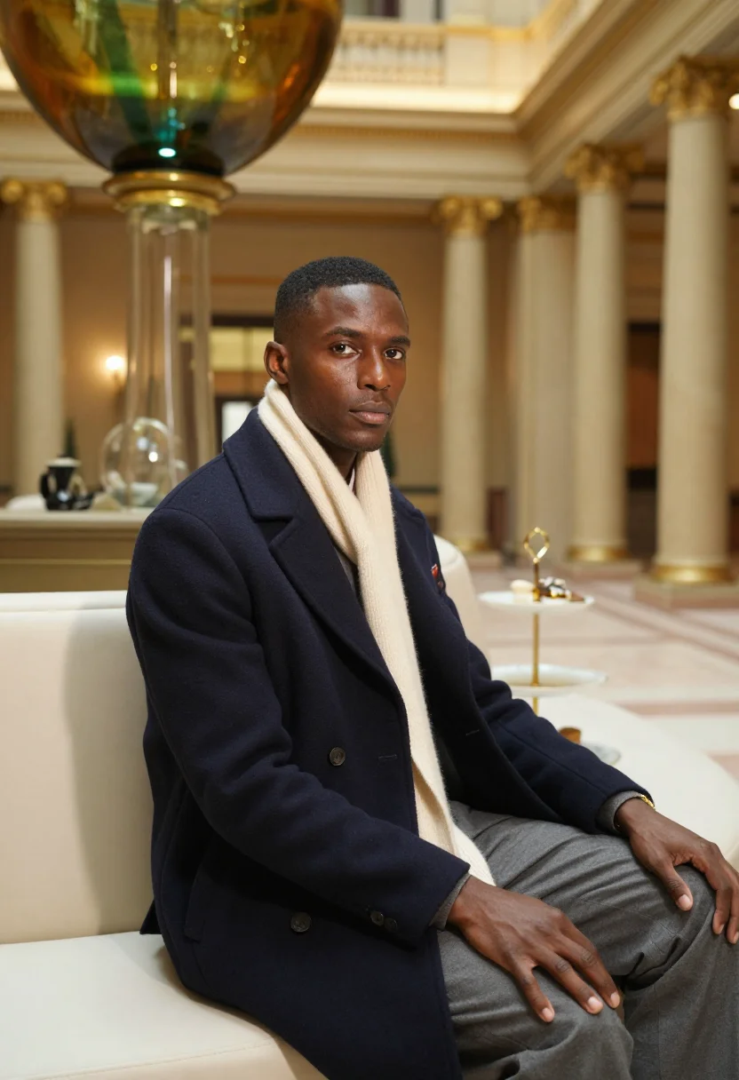 AI claridges sample — portrait of a man, around thirty-five, with deep brown skin,