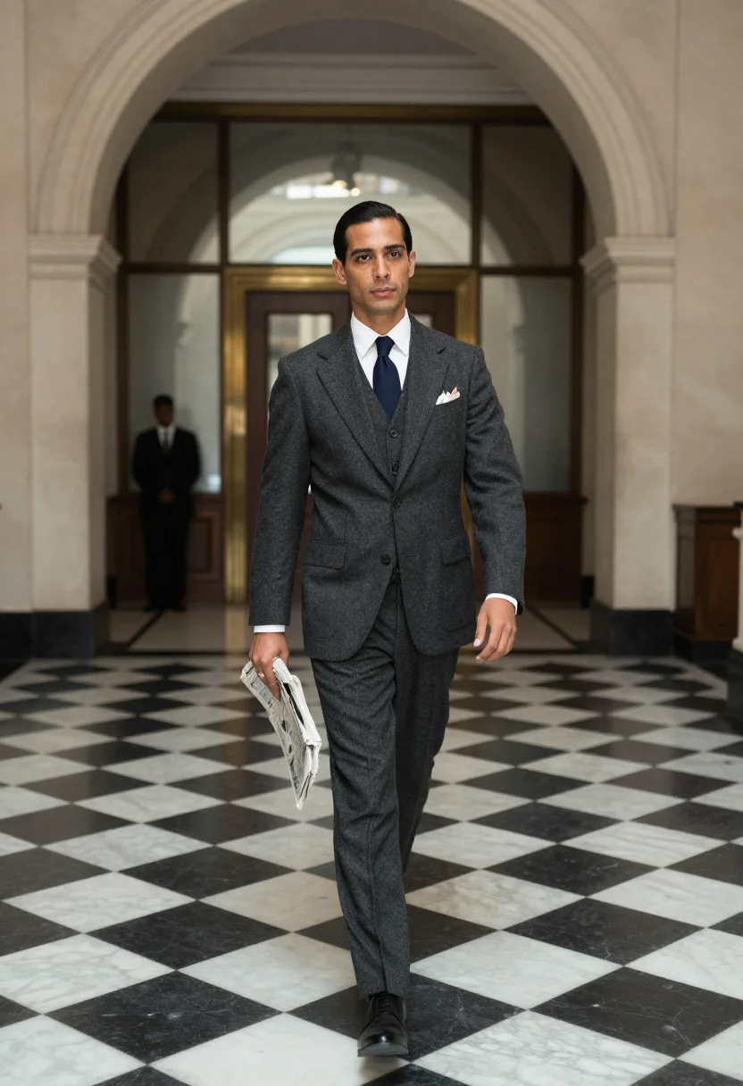 AI claridges sample — portrait of a man, around thirty, with olive skin, dark eyes