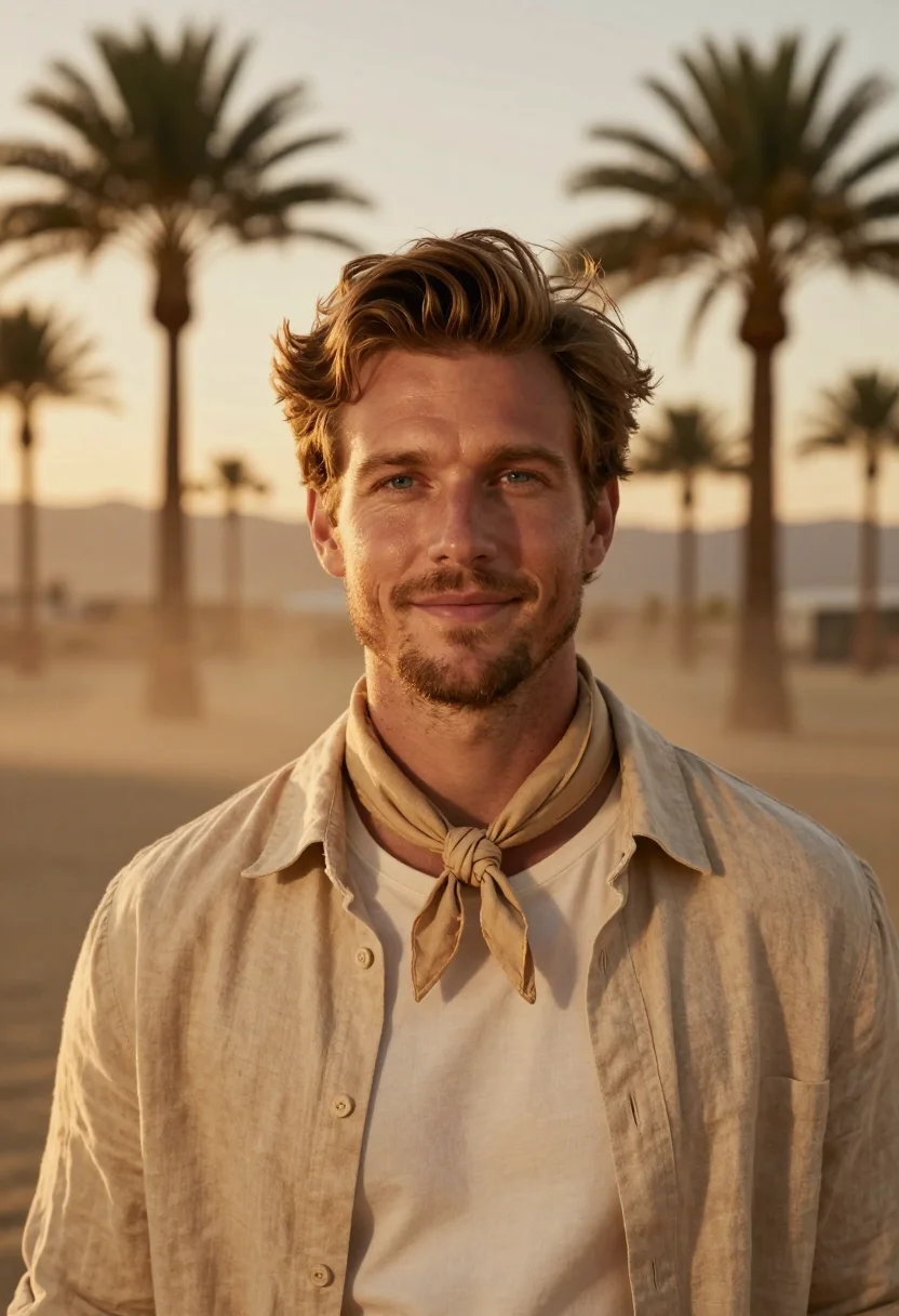 AI coachella indio april desert men sample — portrait of a man, framed tight, head and shoulders, the bod