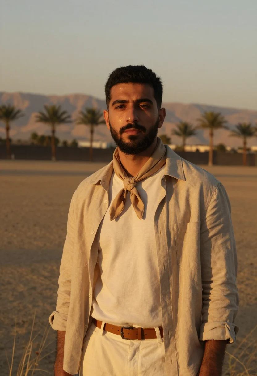 AI coachella indio april desert men sample — portrait of a man, framed chest-up, the crop falling at mid-