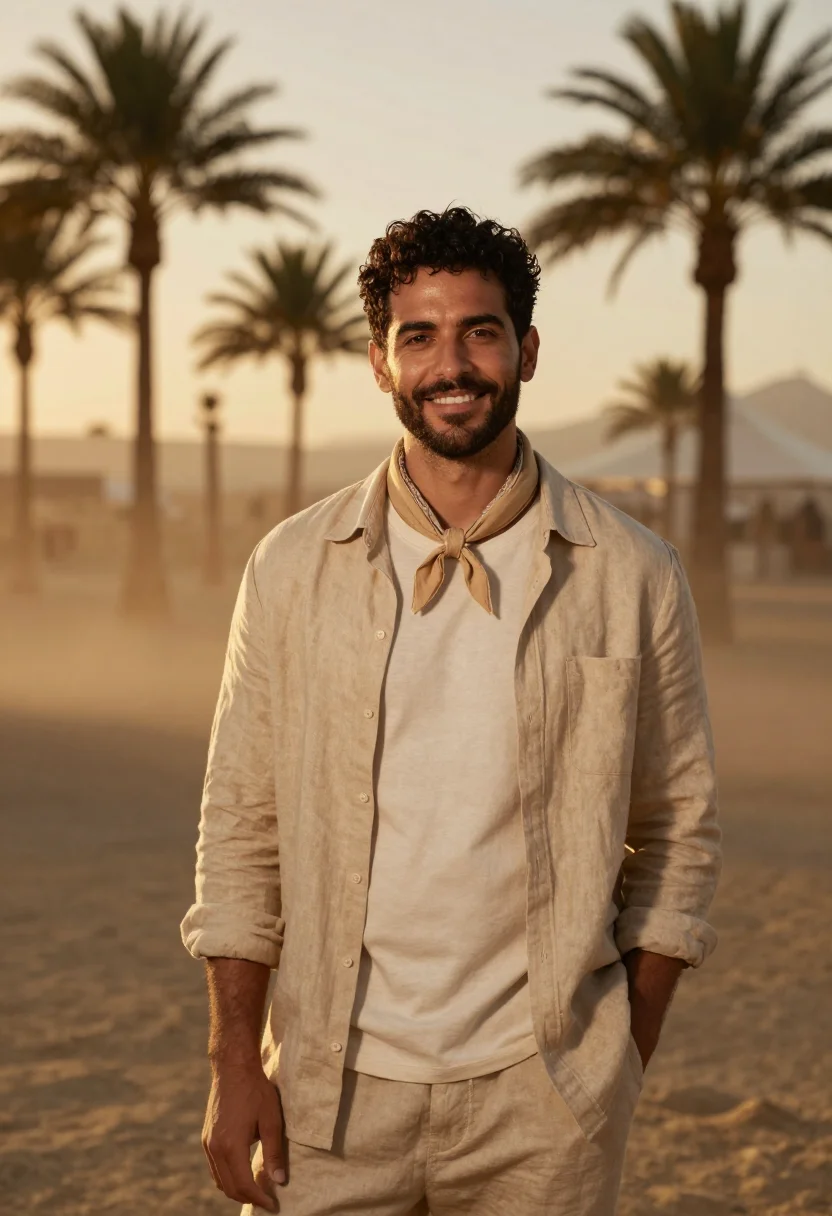AI coachella indio april desert men sample — portrait of a man, framed half-length from the waist up, the