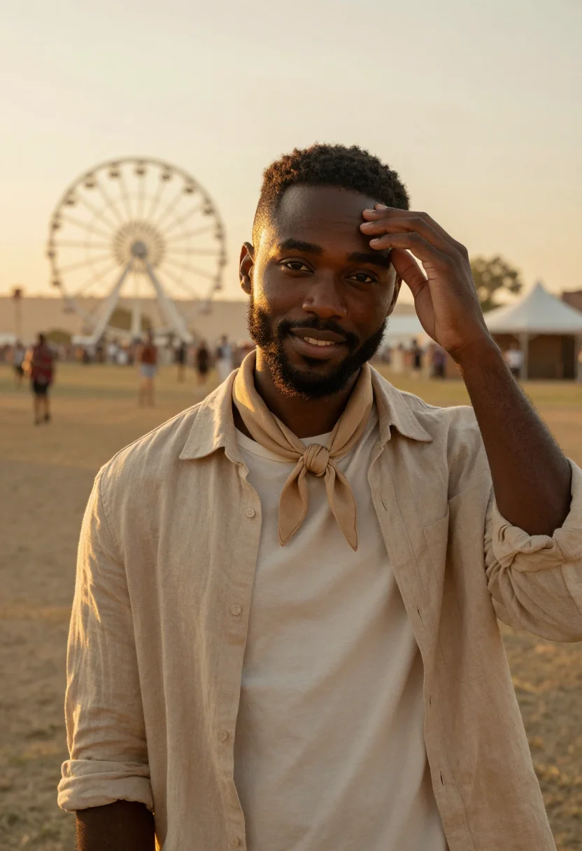 AI coachella indio april desert men sample — portrait of a man, framed chest-up, the crop falling at mid-