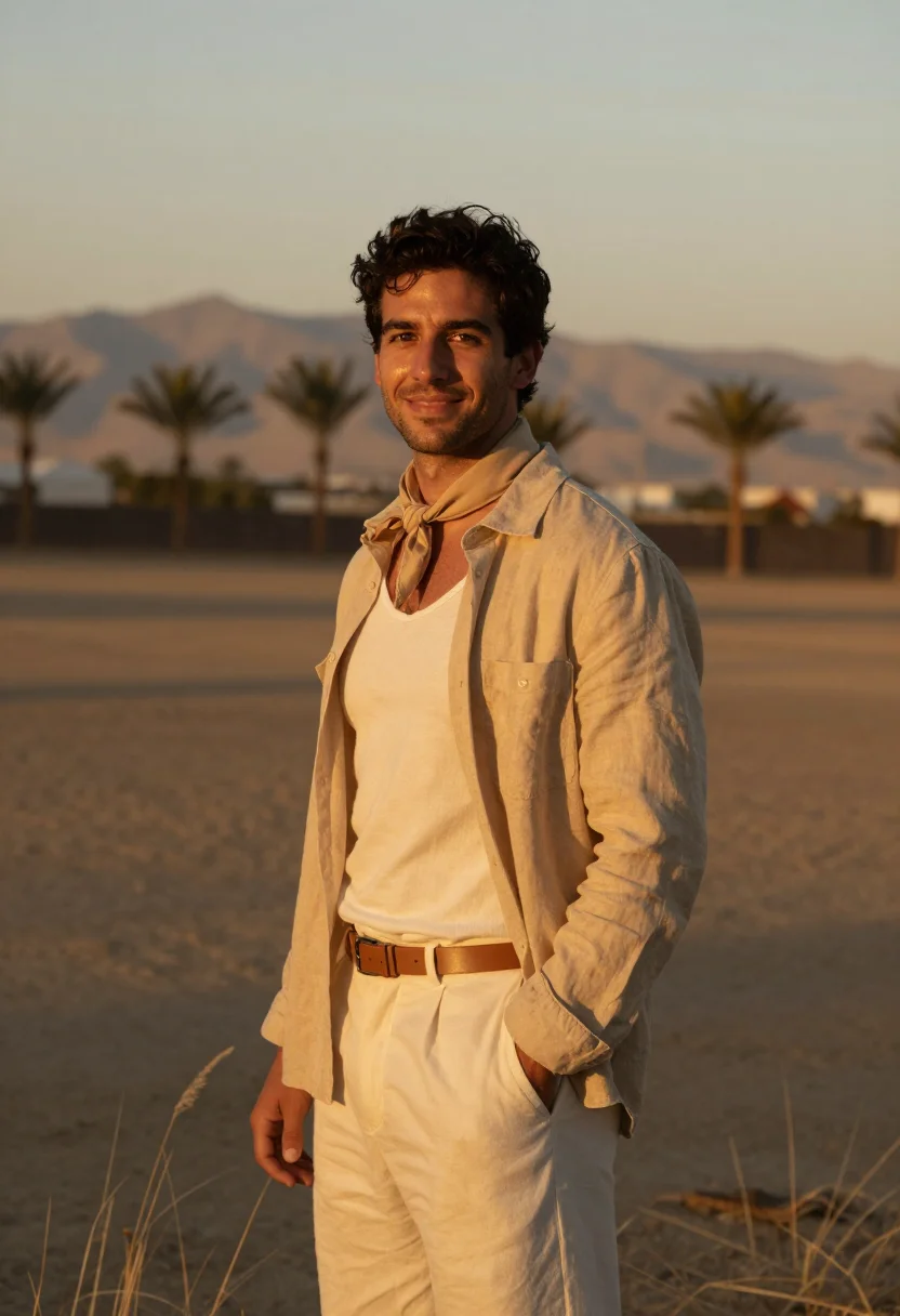AI coachella indio april desert men sample — portrait of a man, framed half-length from the waist up, the