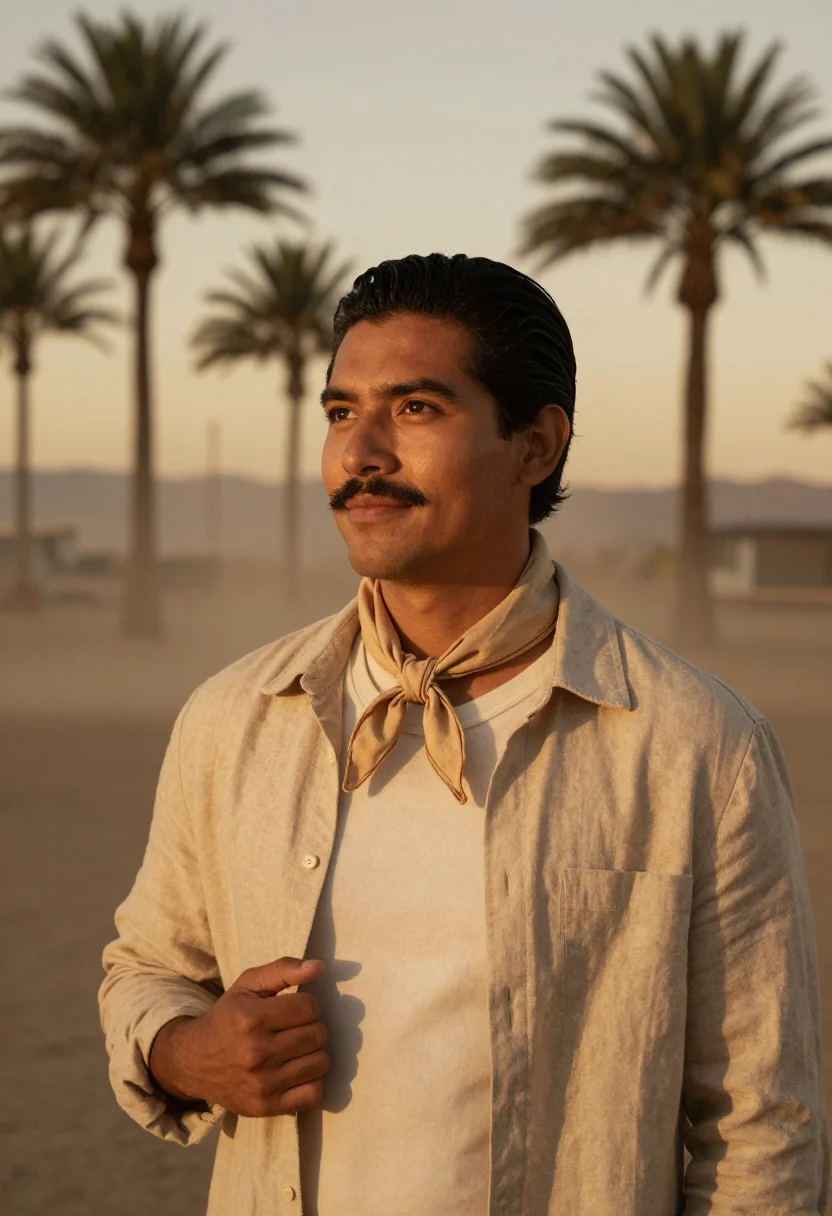 AI coachella indio april desert men sample — portrait of a man, framed chest-up, the crop falling at mid-