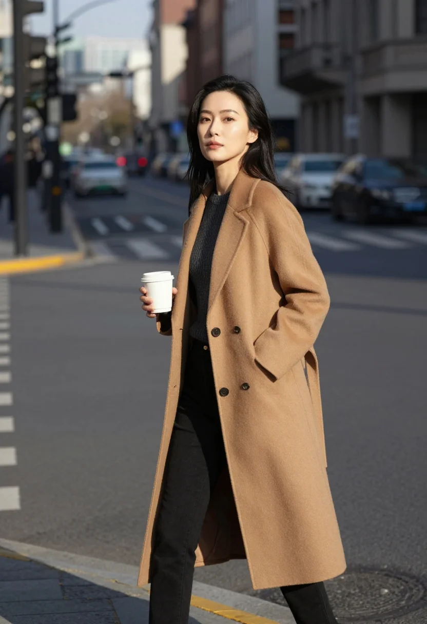 AI coffee walk sample — portrait of a woman, head-to-knee portrait of an East-Asian