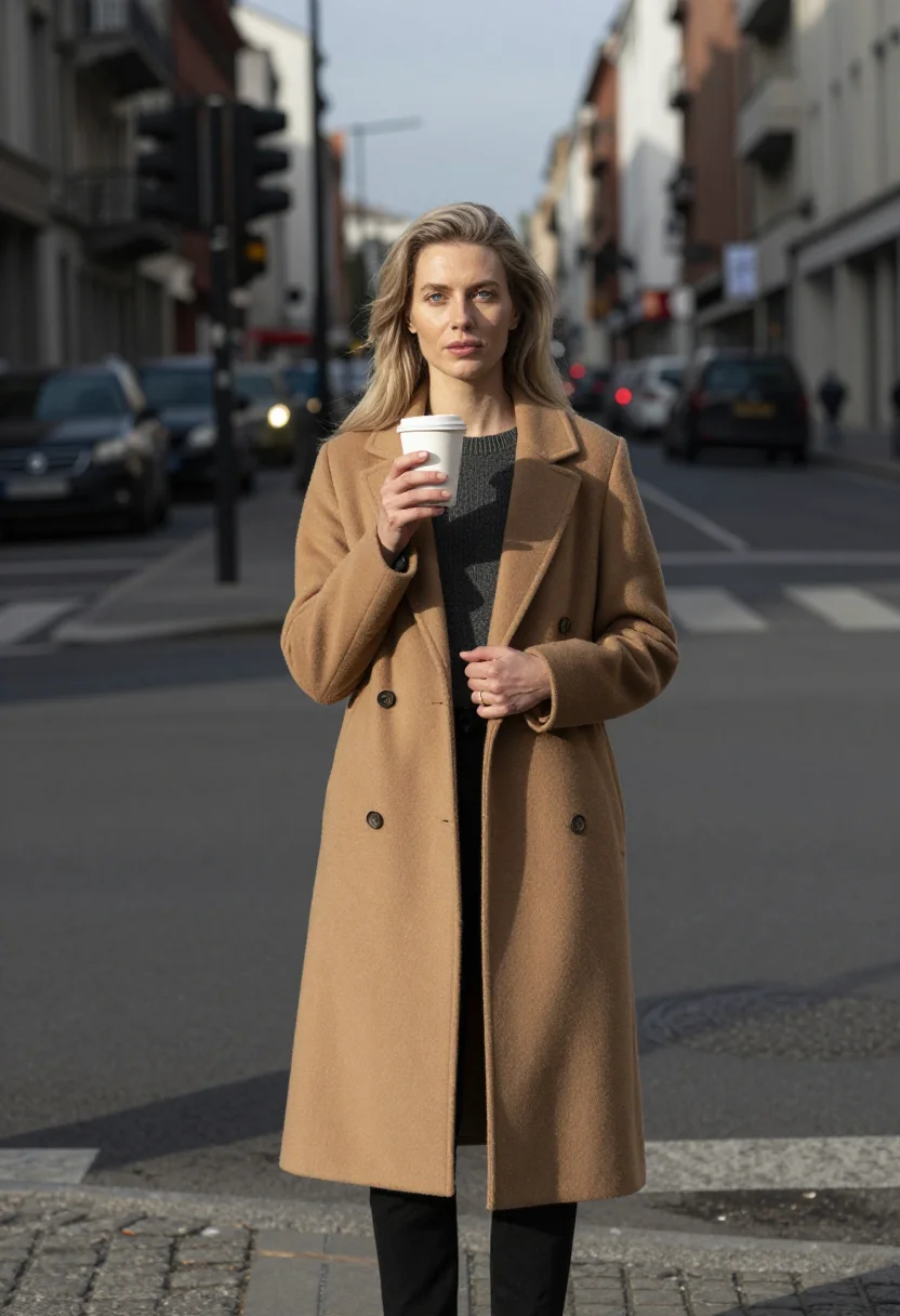 AI coffee walk sample — portrait of a woman, portrait from the waist up of a Western