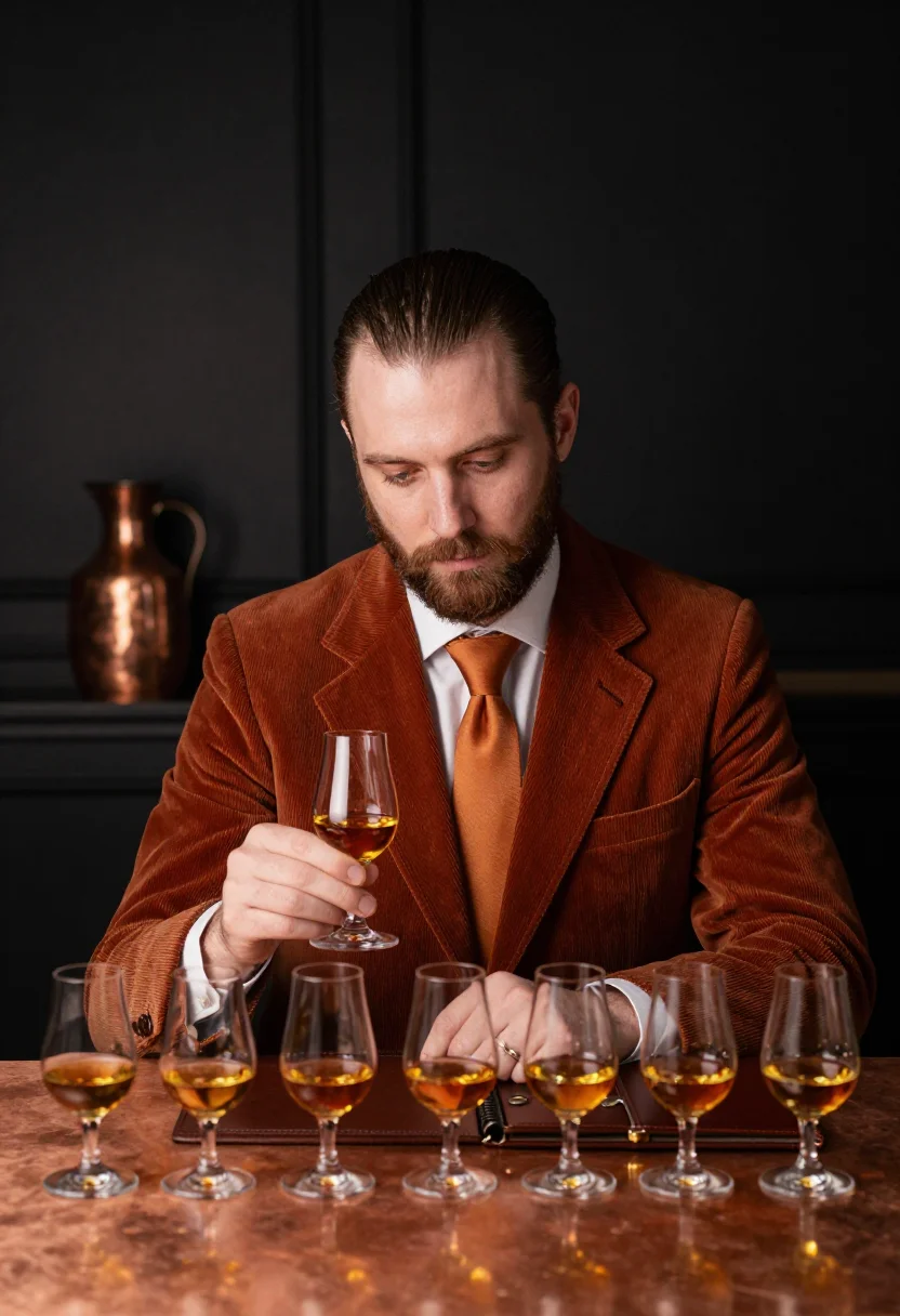 AI cognac copper sample — portrait of a man, a half-length frame across the table, a m