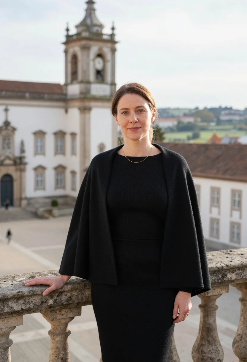 AI coimbra professor black cape gilt library sample — portrait of a woman, of French descent, in her mid-forties,