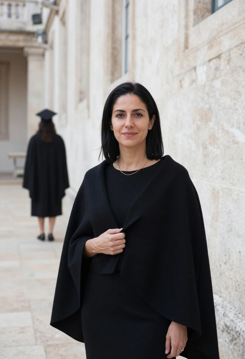 AI coimbra professor black cape gilt library sample — portrait of a woman, of Portuguese descent, in her mid-thirt