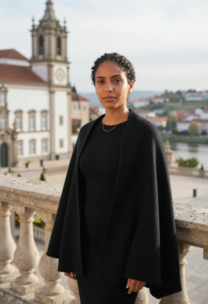 AI coimbra professor black cape gilt library sample — portrait of a woman, of Brazilian descent, in her early thir