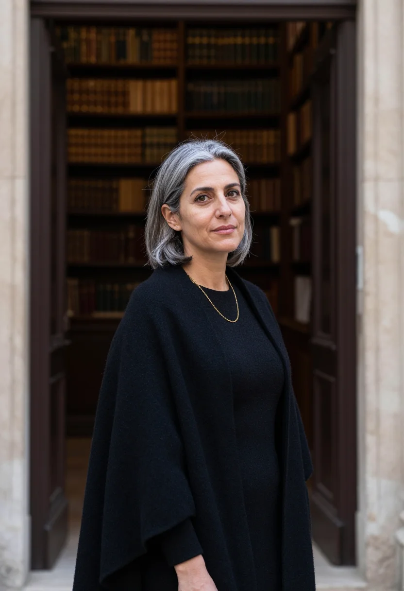AI coimbra professor black cape gilt library sample — portrait of a woman, of Italian descent, in her early fiftie