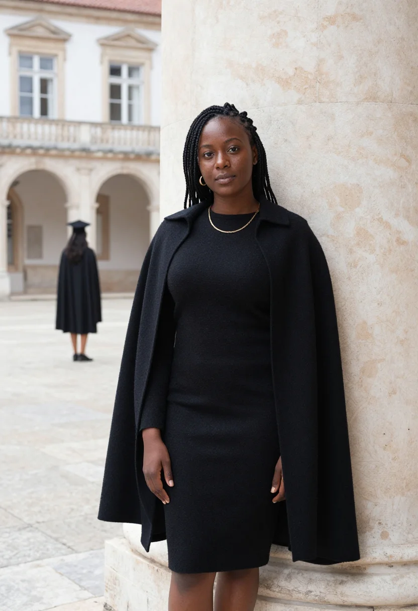 AI coimbra professor black cape gilt library sample — portrait of a woman, of Angolan and Portuguese descent, in h