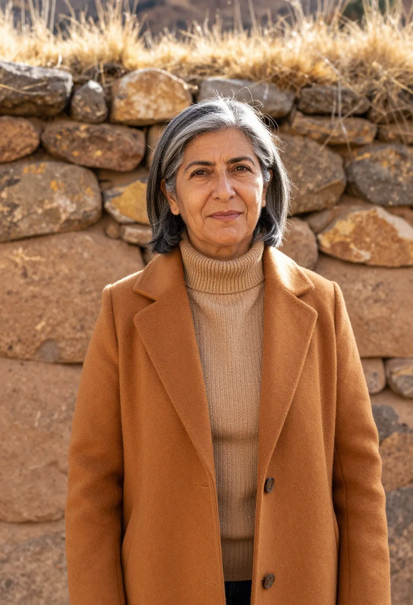 AI colca canyon biologist condor ochre terrace sample — portrait of a woman, a biologist in her fifties of Spanish d
