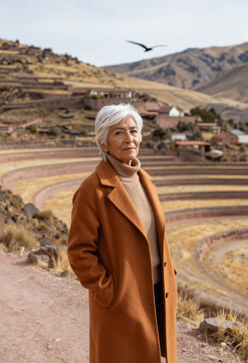 AI colca canyon biologist condor ochre terrace sample — portrait of a woman, a biologist in her sixties of Chilean d