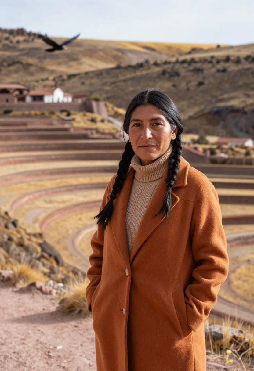 AI colca canyon biologist condor ochre terrace sample — portrait of a woman, a biologist in her forties of Aymara de