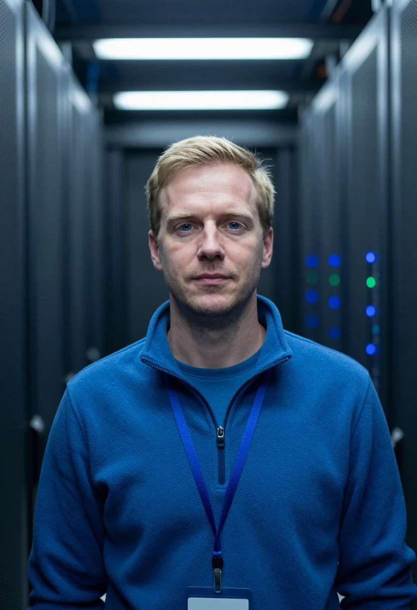 AI cold aisle blue sample — portrait of a man, framed chest-up from the ribs with room a