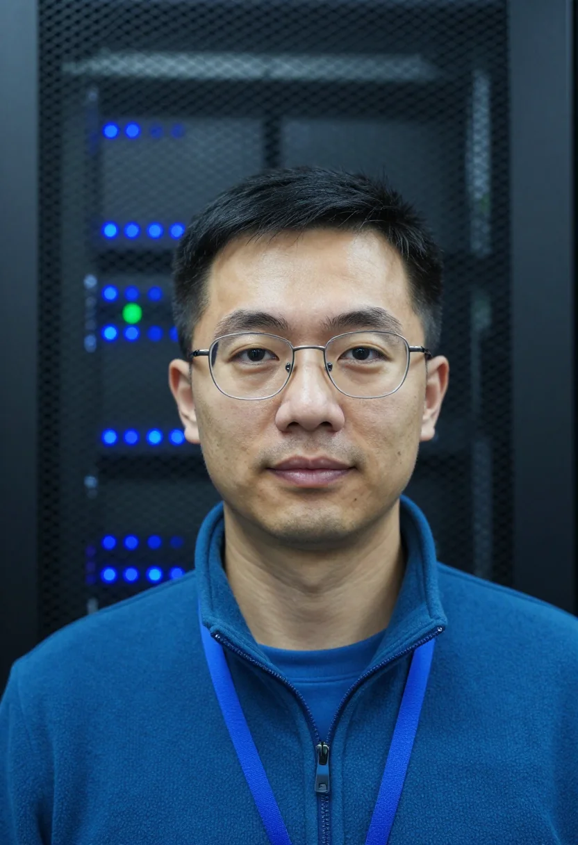 AI cold aisle blue sample — portrait of a man, framed tight, head and shoulders, the bod