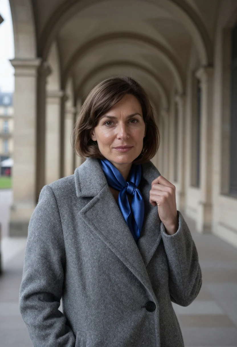 AI colette palais royal arcades stone blue sample — portrait of a woman, framed chest-up from the ribs, the body