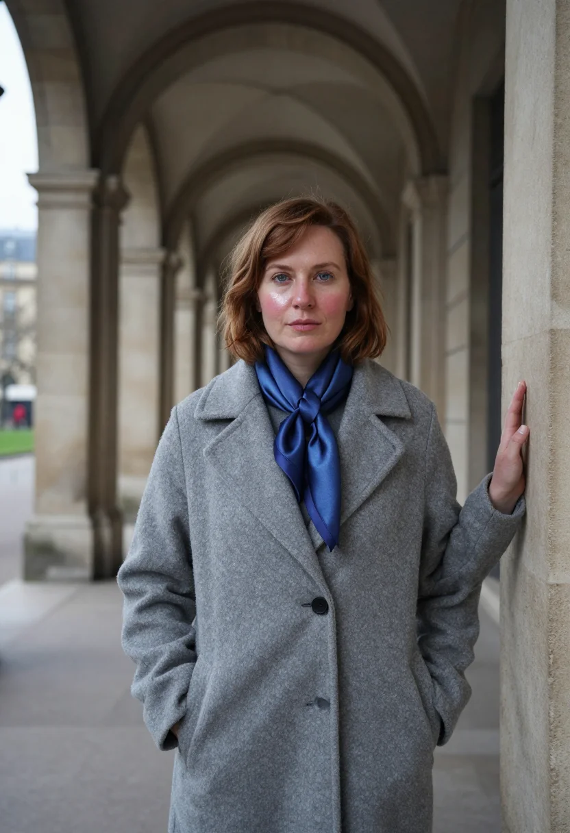 AI colette palais royal arcades stone blue sample — portrait of a woman, framed half-length from the crown to th