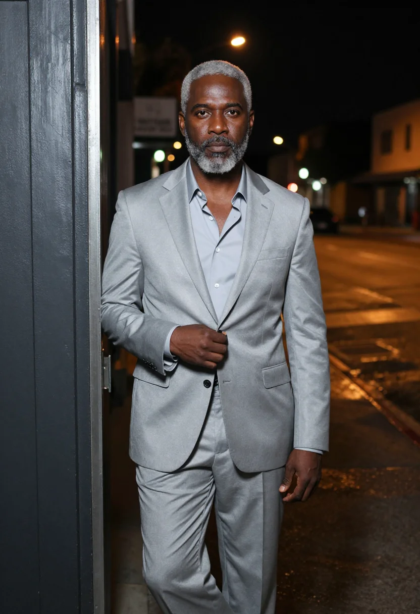 AI collateral los angeles night taxi silver grey sample — portrait of a man, a Black American man in his early fifties