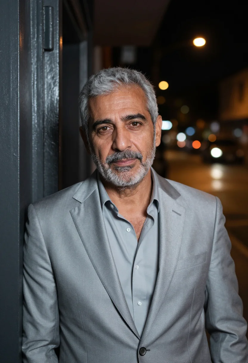 AI collateral los angeles night taxi silver grey sample — portrait of a man, a Spanish man in his early fifties with w